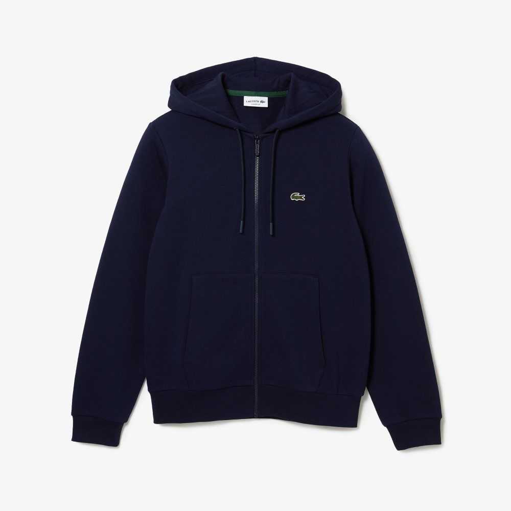 Navy Blue Lacoste Kangaroo Pocket Fleece Zipped Sweatshirt | IDXUSH-705