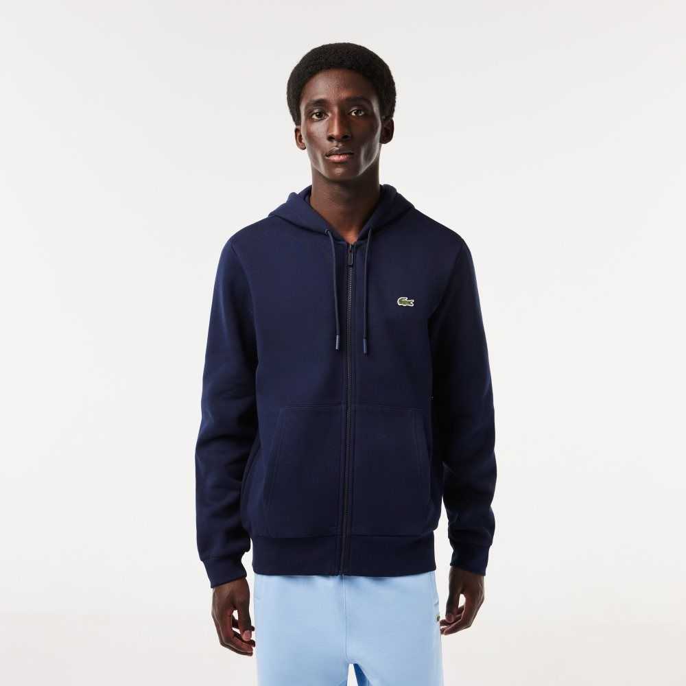 Navy Blue Lacoste Kangaroo Pocket Fleece Zipped Sweatshirt | IDXUSH-705