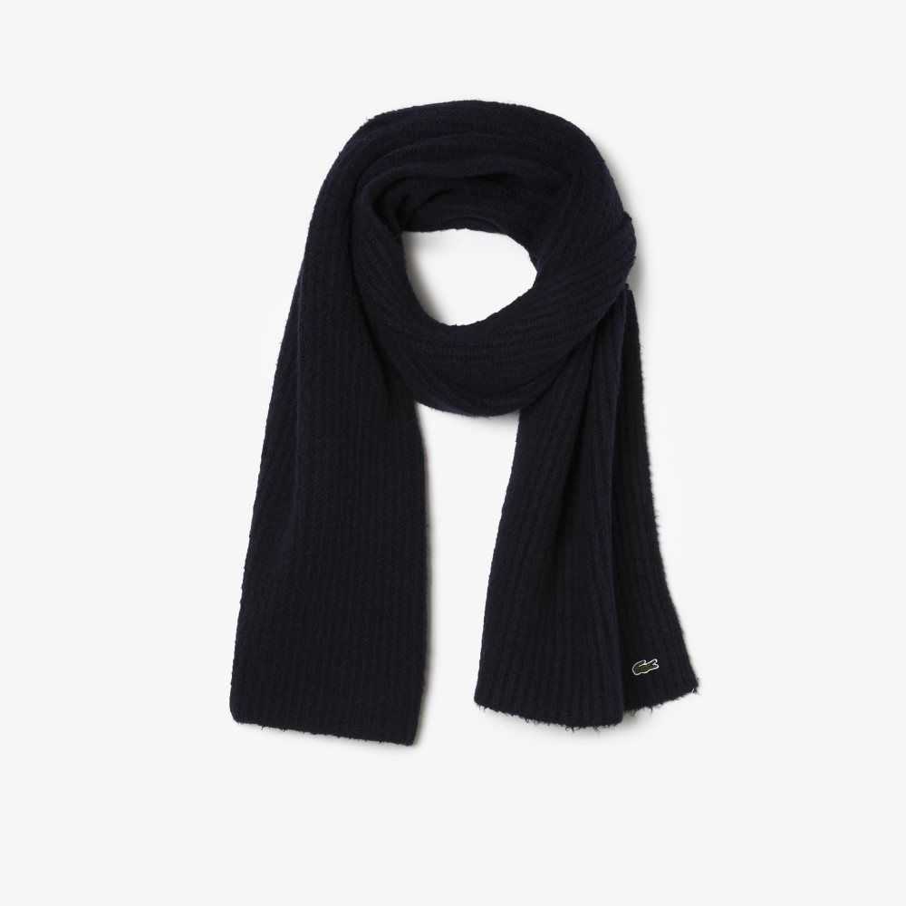 Navy Blue Lacoste Large Ribbed Wool Scarf | DEZVLN-261