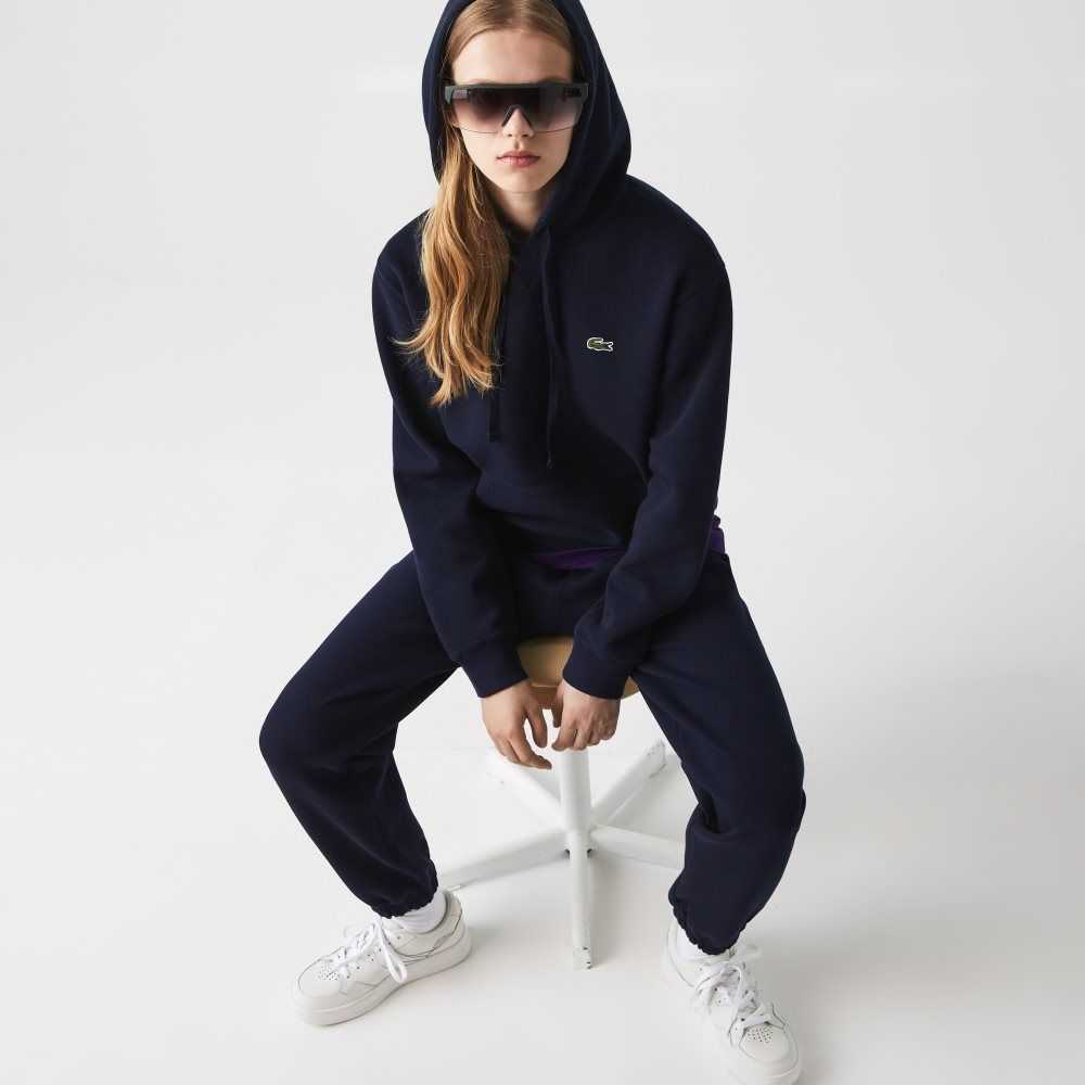 Navy Blue Lacoste Loose Fit Hooded Cotton Blend Sweatshirt | NVTJZB-729