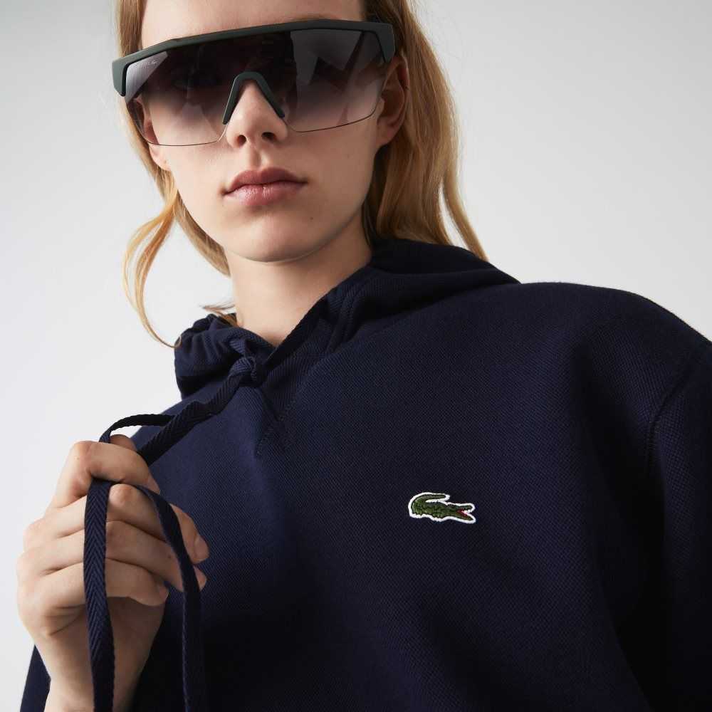 Navy Blue Lacoste Loose Fit Hooded Cotton Blend Sweatshirt | NVTJZB-729