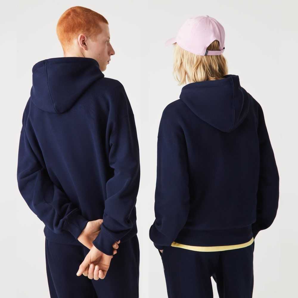 Navy Blue Lacoste Loose Fit Hooded Organic Cotton Sweatshirt | RGBOAH-429