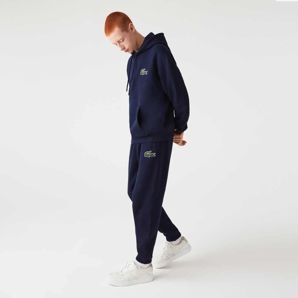 Navy Blue Lacoste Loose Fit Hooded Organic Cotton Sweatshirt | RGBOAH-429