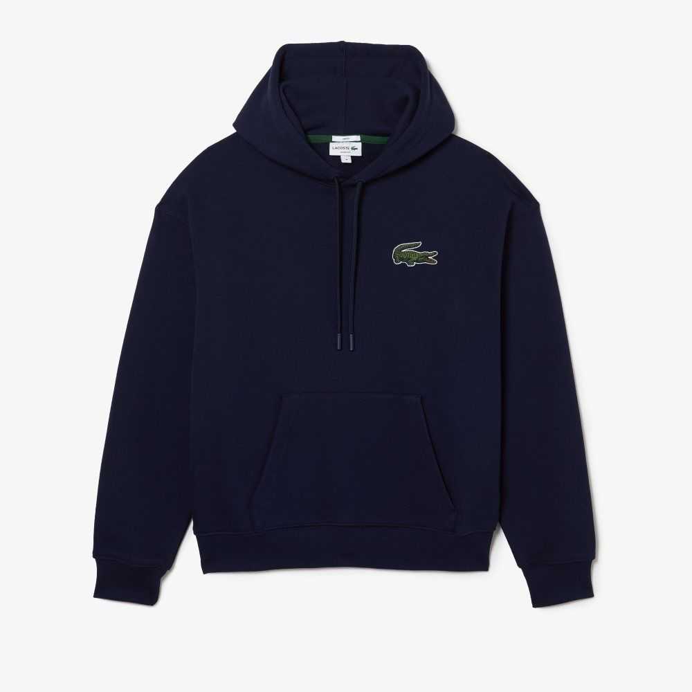 Navy Blue Lacoste Loose Fit Hooded Organic Cotton Sweatshirt | RGBOAH-429