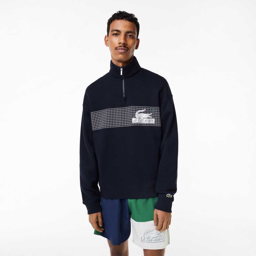 Navy Blue Lacoste Loose Fit Organic Cotton Half Zip Sweatshirt | CHZTGJ-536