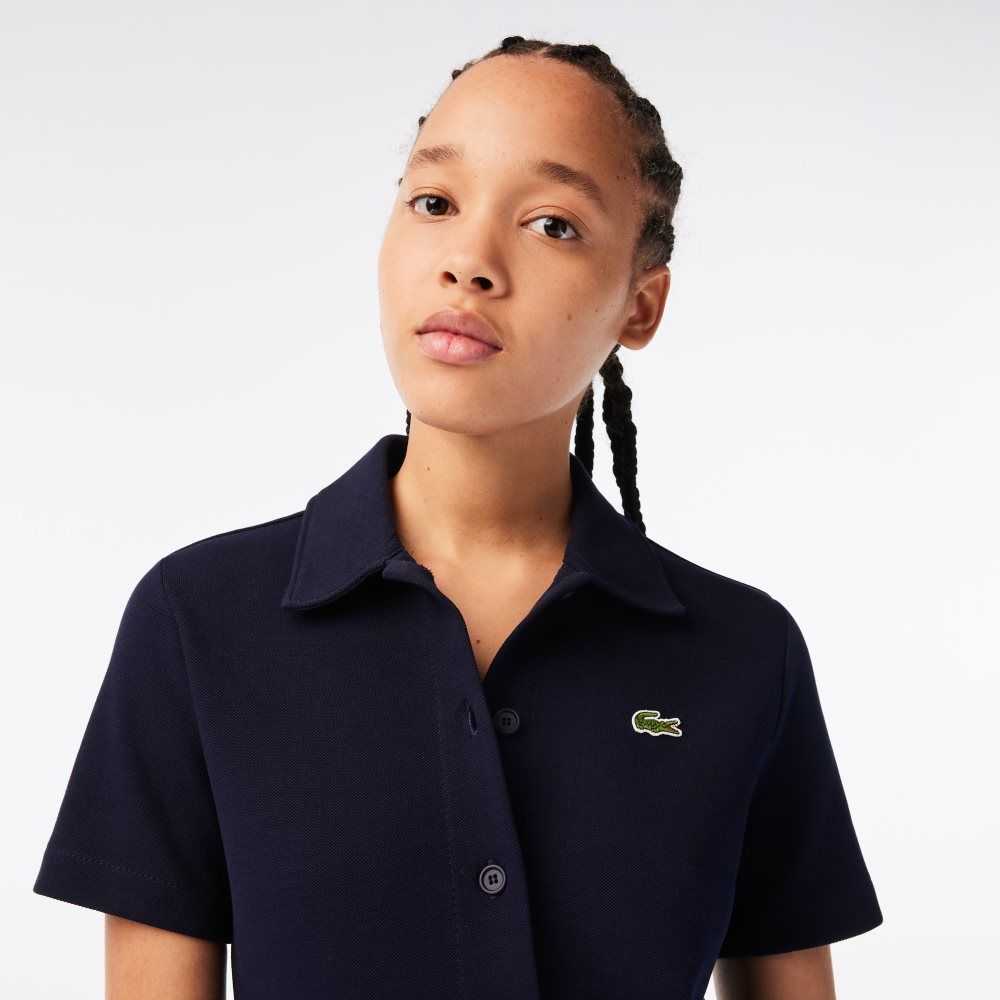 Navy Blue Lacoste Organic Cotton Buttoned Polo Dress | HZPIBW-568