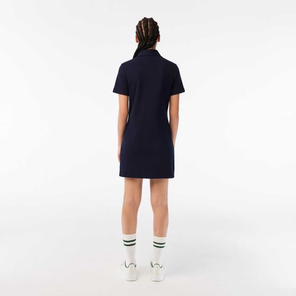 Navy Blue Lacoste Organic Cotton Buttoned Polo Dress | HZPIBW-568