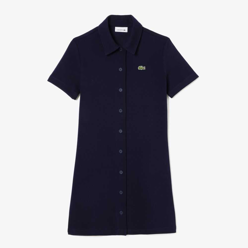 Navy Blue Lacoste Organic Cotton Buttoned Polo Dress | HZPIBW-568