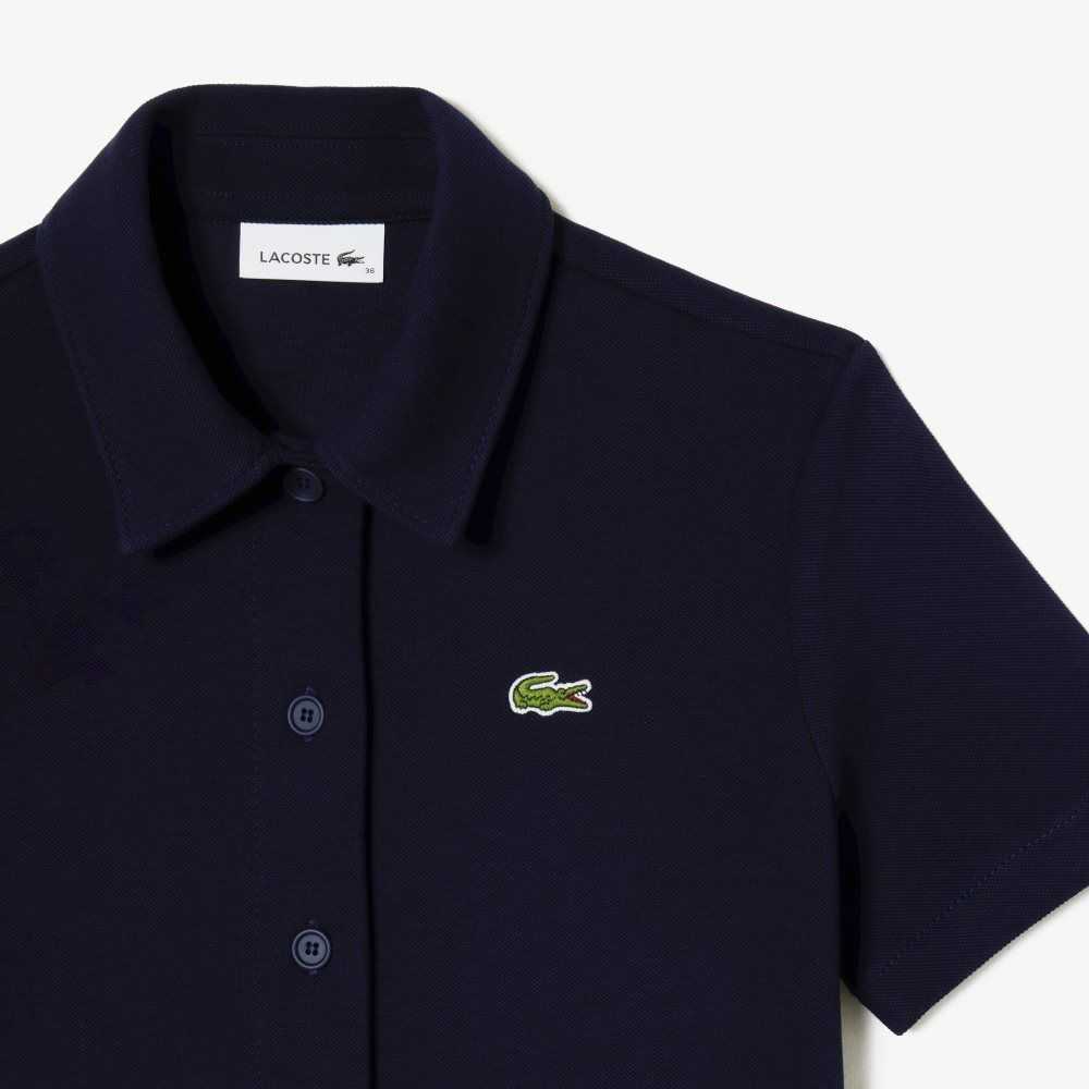 Navy Blue Lacoste Organic Cotton Buttoned Polo Dress | HZPIBW-568