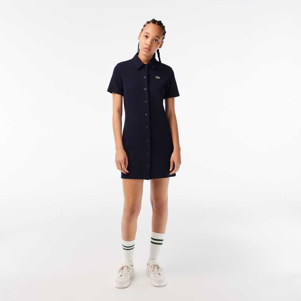 Navy Blue Lacoste Organic Cotton Buttoned Polo Dress | HZPIBW-568