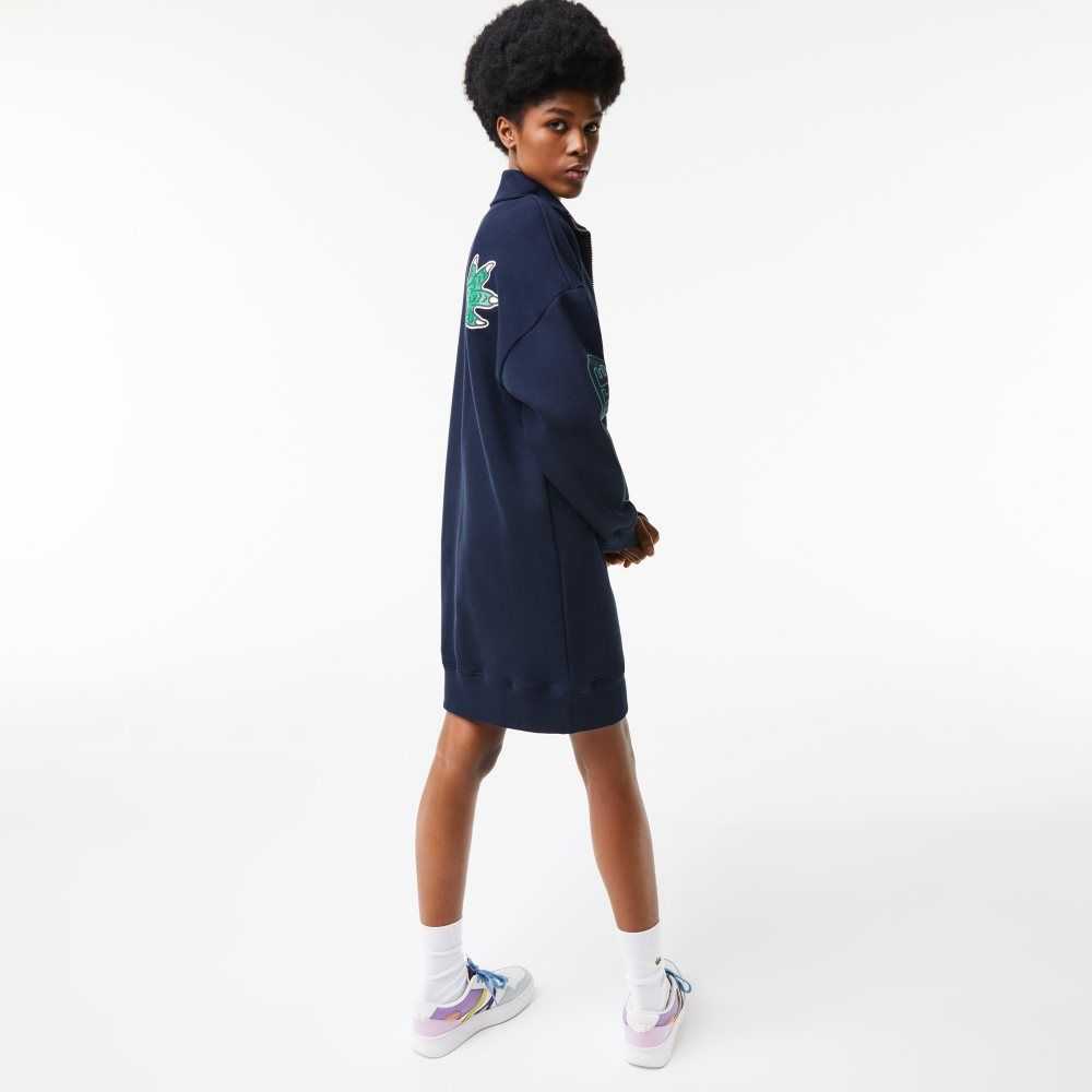 Navy Blue Lacoste Oversized Zip Neck Polo Dress | PRHELG-817