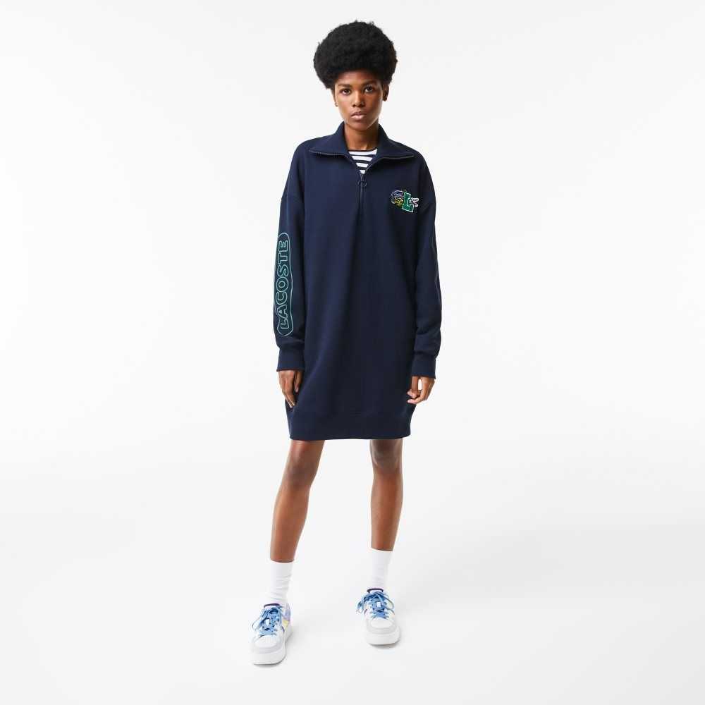 Navy Blue Lacoste Oversized Zip Neck Polo Dress | PRHELG-817