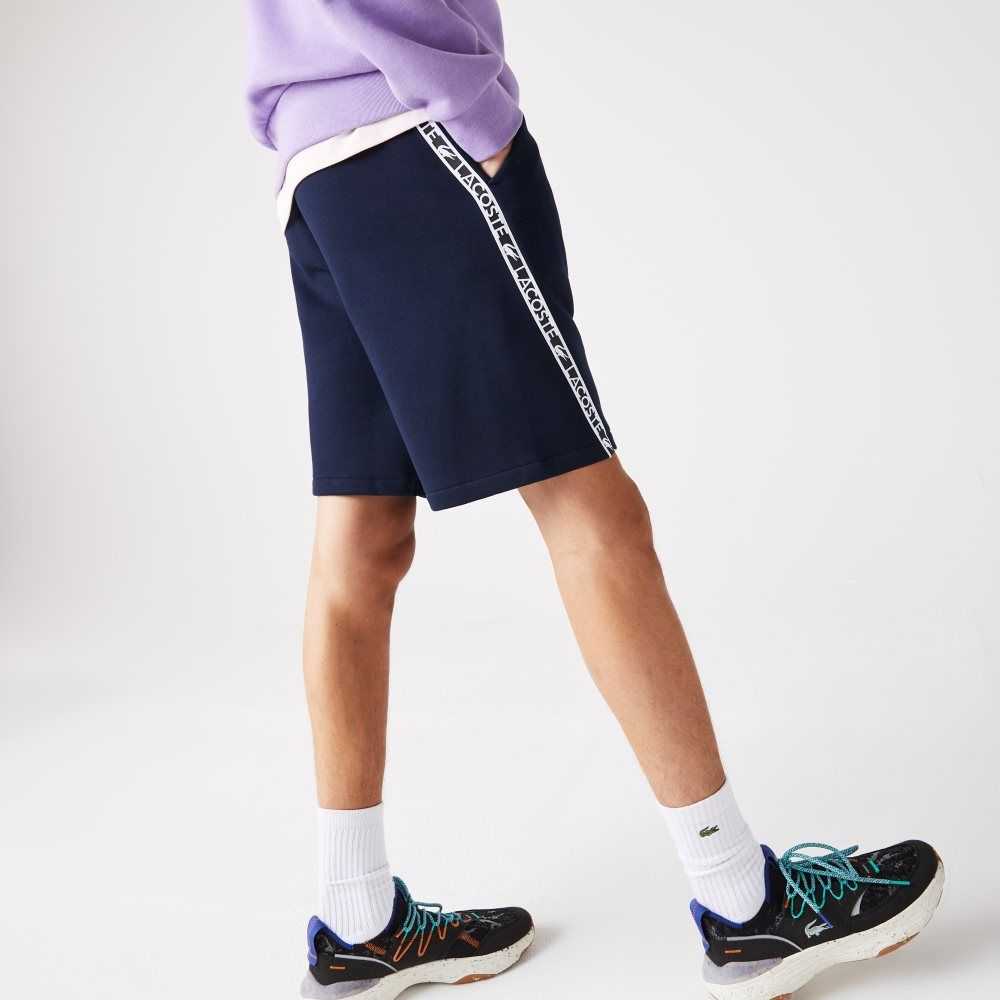 Navy Blue Lacoste Printed Bands Brushed Fleece Shorts | FJDWGR-678