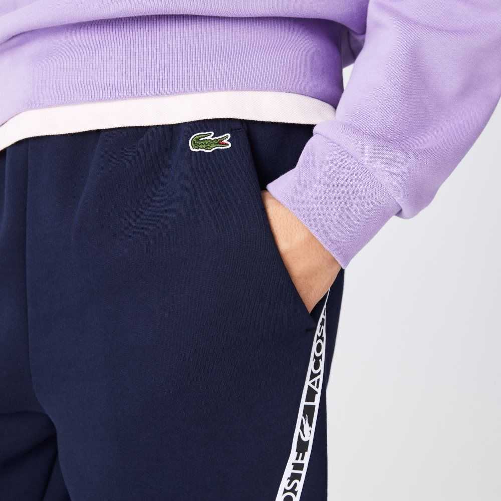 Navy Blue Lacoste Printed Bands Brushed Fleece Shorts | FJDWGR-678