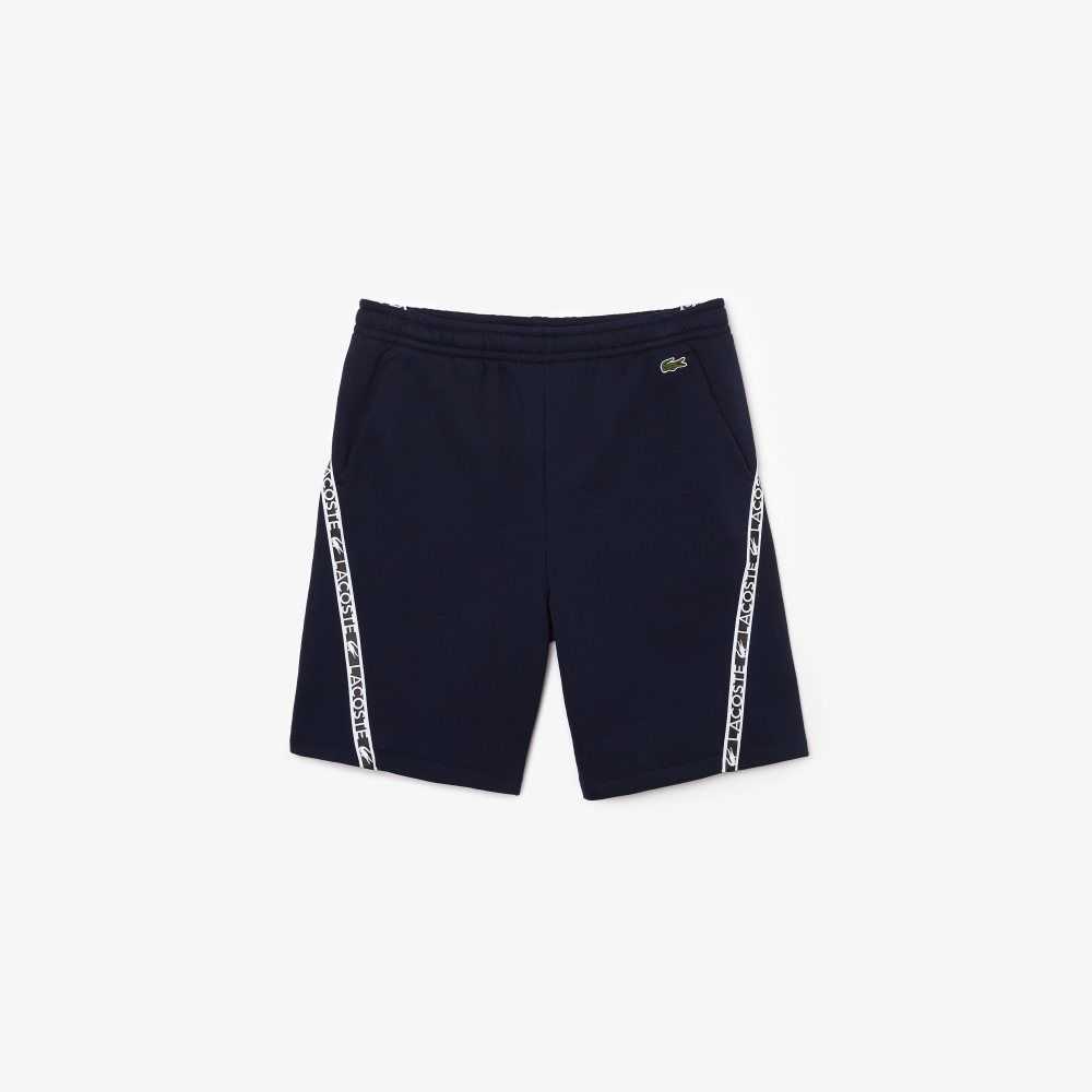 Navy Blue Lacoste Printed Bands Brushed Fleece Shorts | FJDWGR-678