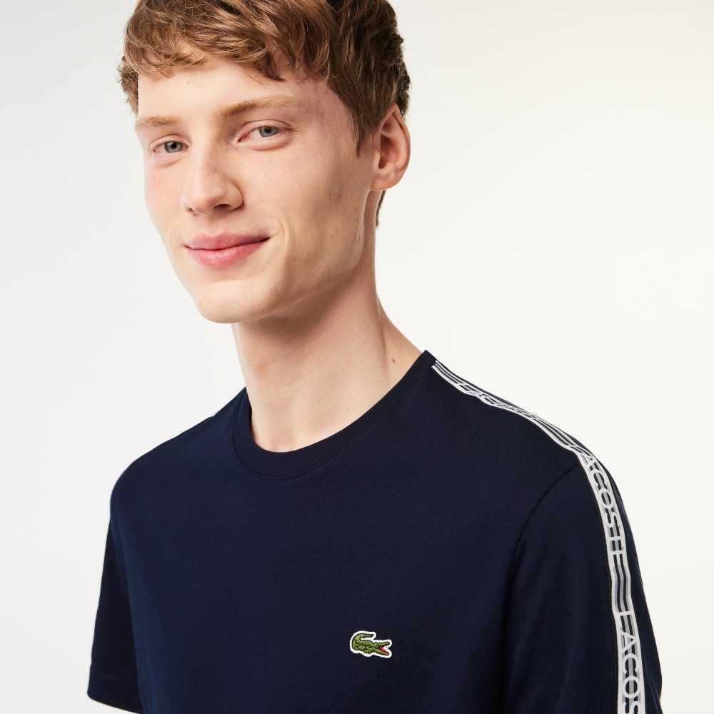 Navy Blue Lacoste Regular Fit Logo Stripe T-Shirt | YZWLRI-376