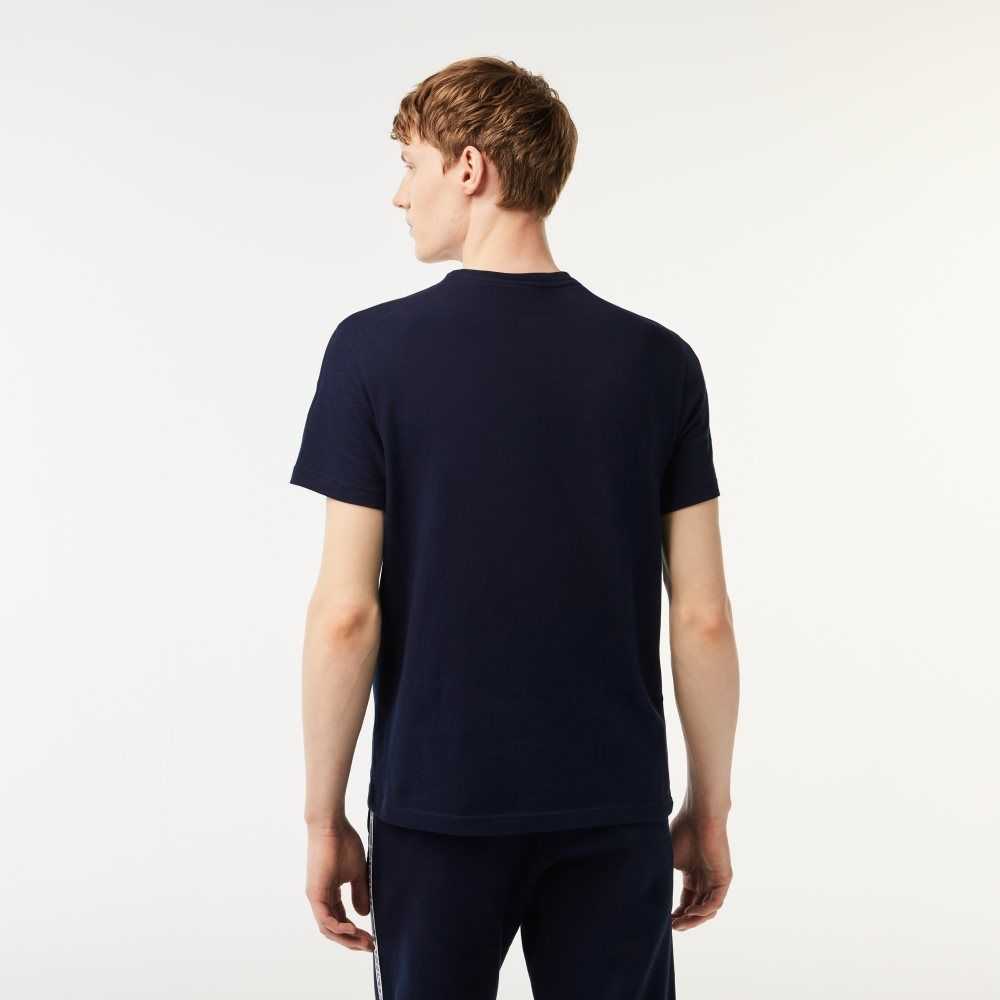 Navy Blue Lacoste Regular Fit Logo Stripe T-Shirt | YZWLRI-376