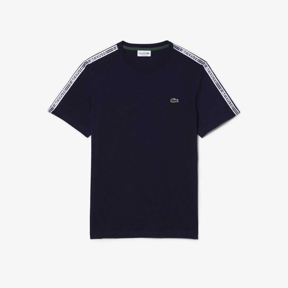 Navy Blue Lacoste Regular Fit Logo Stripe T-Shirt | YZWLRI-376