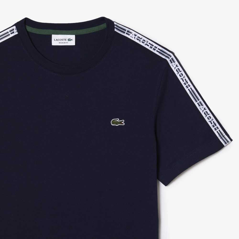 Navy Blue Lacoste Regular Fit Logo Stripe T-Shirt | YZWLRI-376