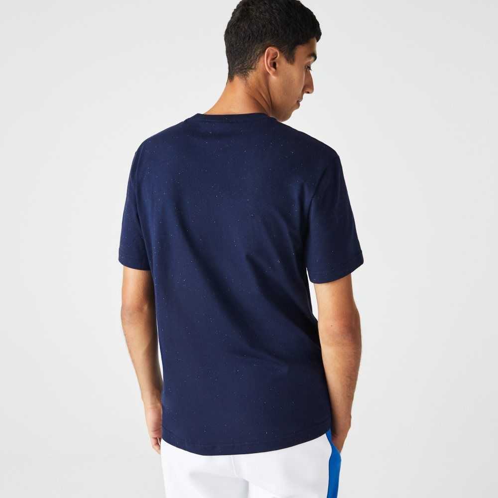 Navy Blue Lacoste Regular Fit Speckled Print Cotton Jersey T-Shirt | AKMCEZ-309