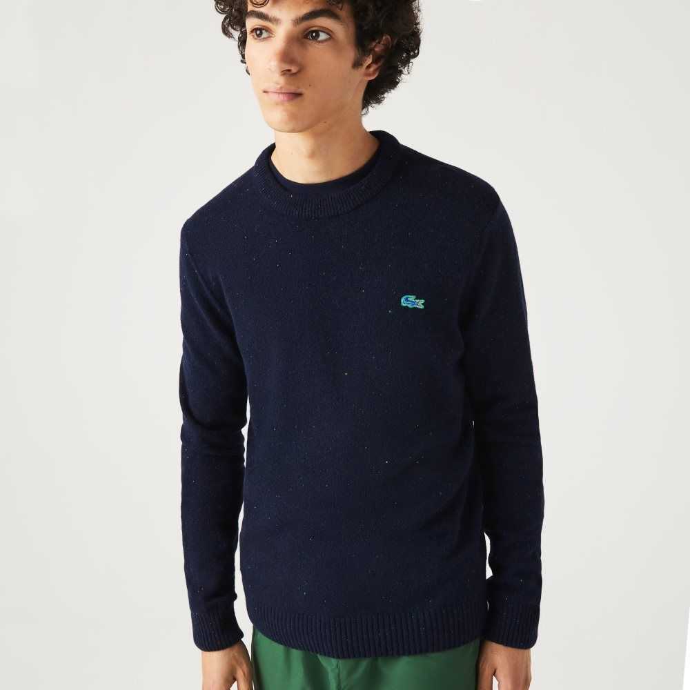 Navy Blue Lacoste Regular Fit Speckled Print Wool Jersey Sweater | HKYZLX-956