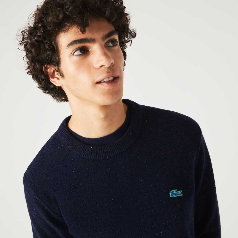 Navy Blue Lacoste Regular Fit Speckled Print Wool Jersey Sweater | HKYZLX-956