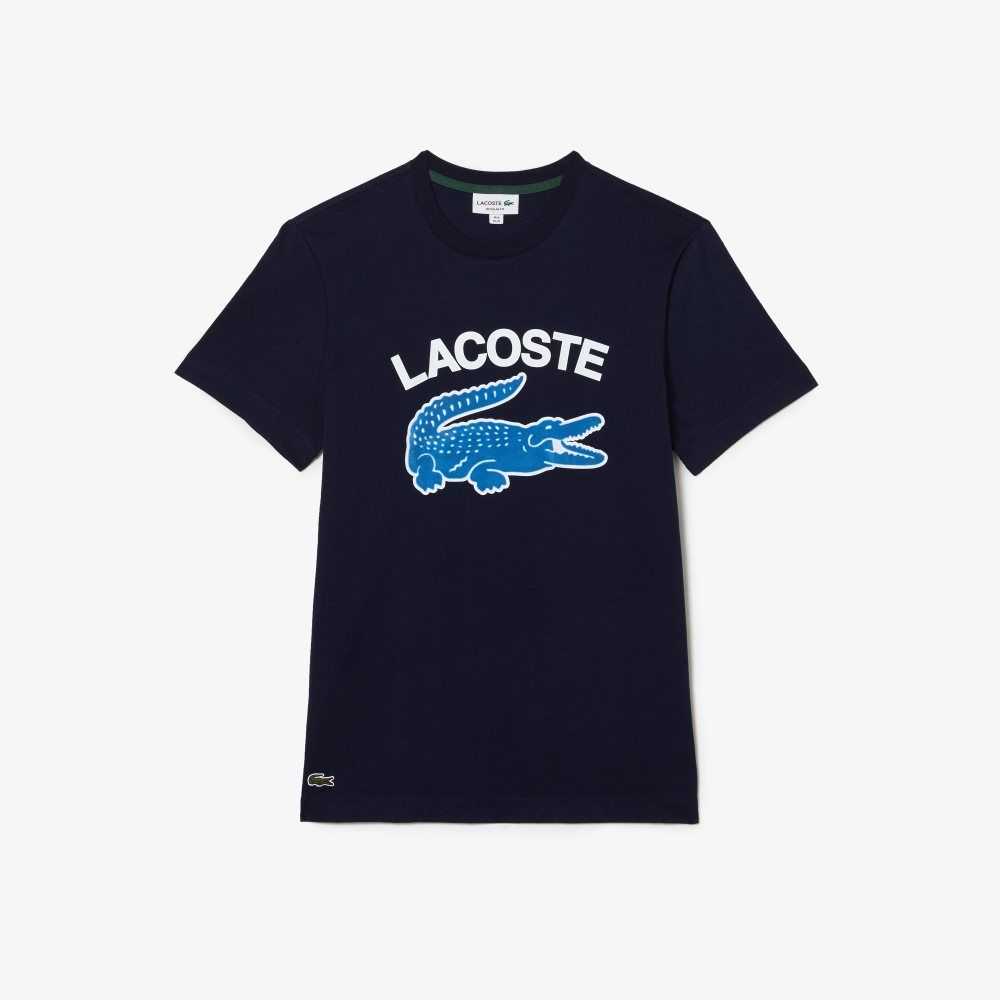 Navy Blue Lacoste Regular Fit XL Crocodile Print T-Shirt | BFEVKM-756