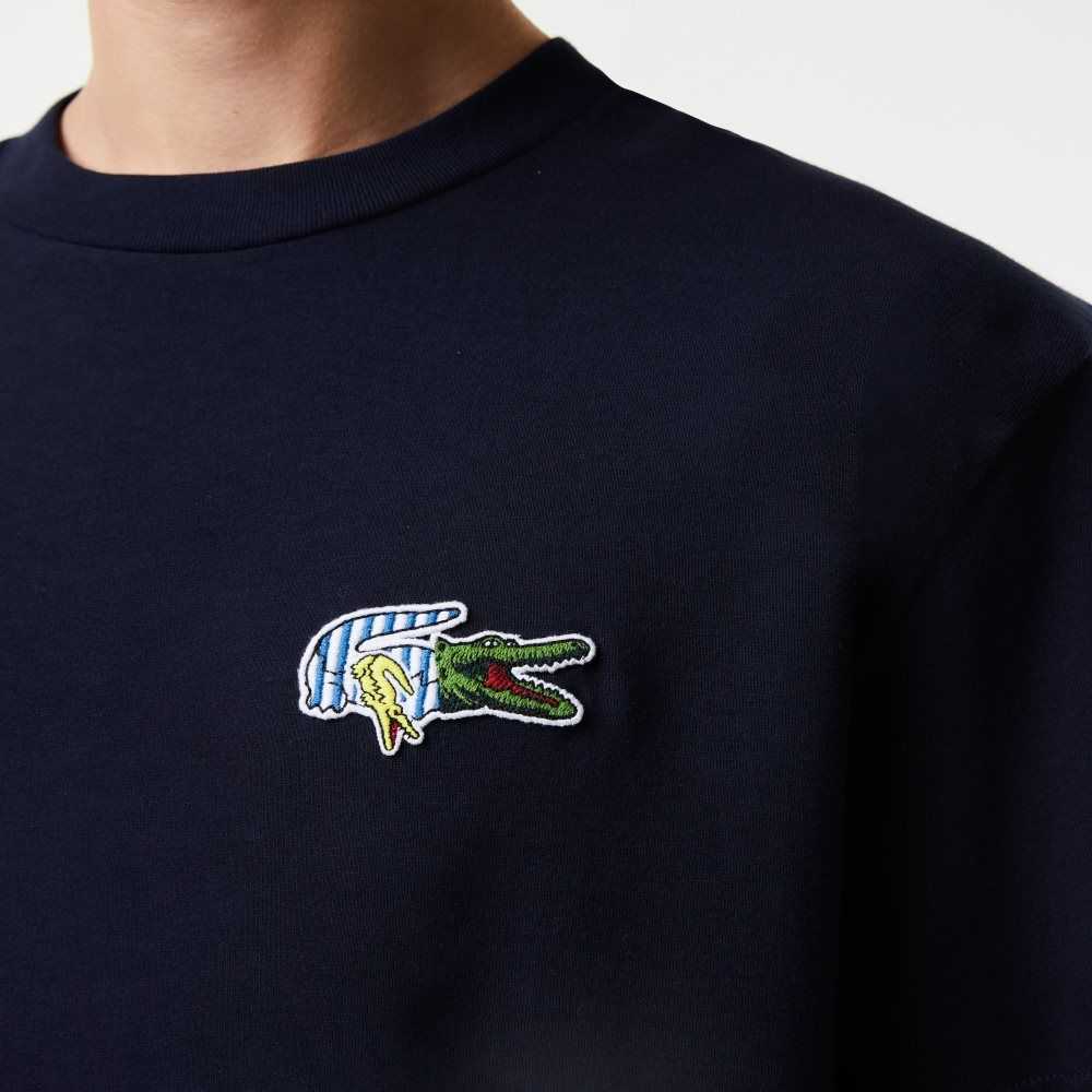 Navy Blue Lacoste Relaxed Fit Comic Effect Badge T-Shirt | HMIADB-961