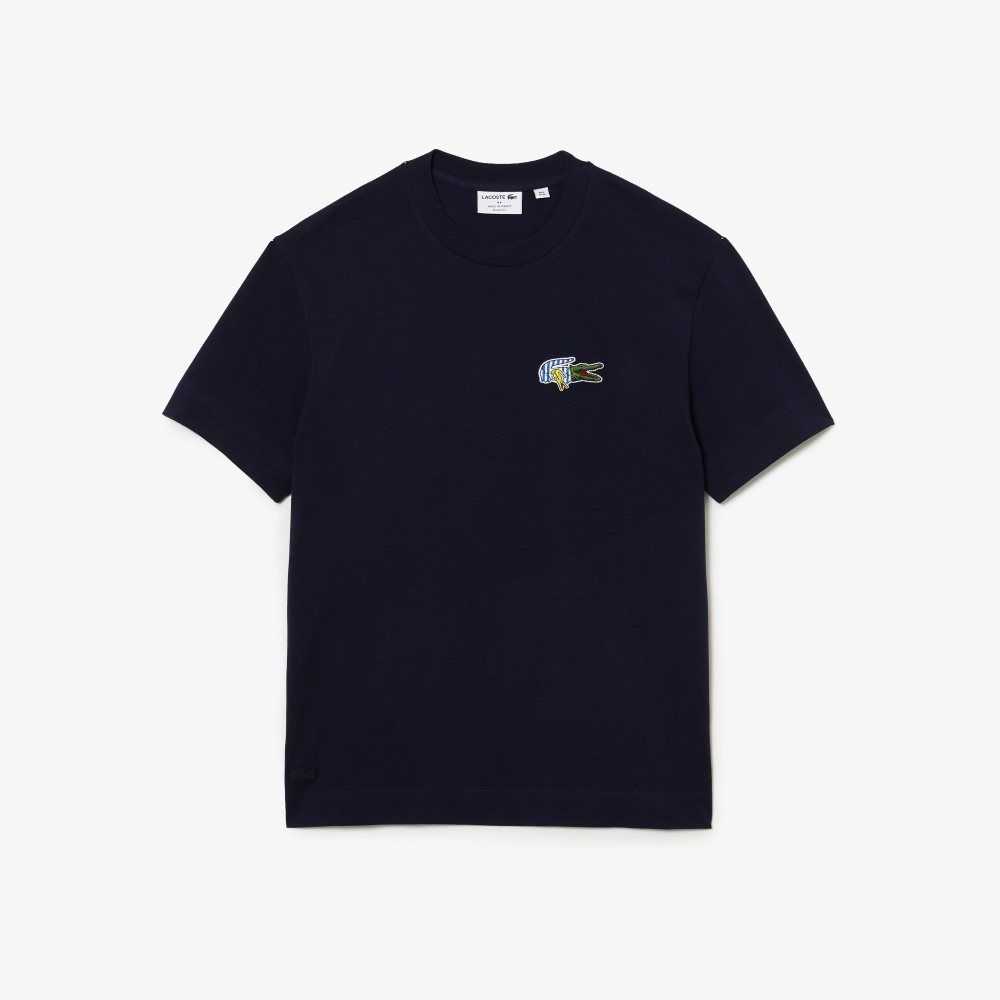 Navy Blue Lacoste Relaxed Fit Comic Effect Badge T-Shirt | HMIADB-961