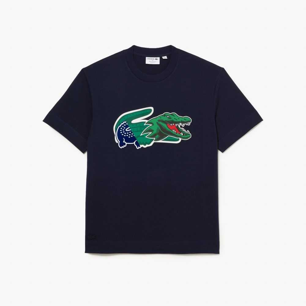 Navy Blue Lacoste Relaxed Fit Oversized Crocodile T-Shirt | NTWRAQ-198