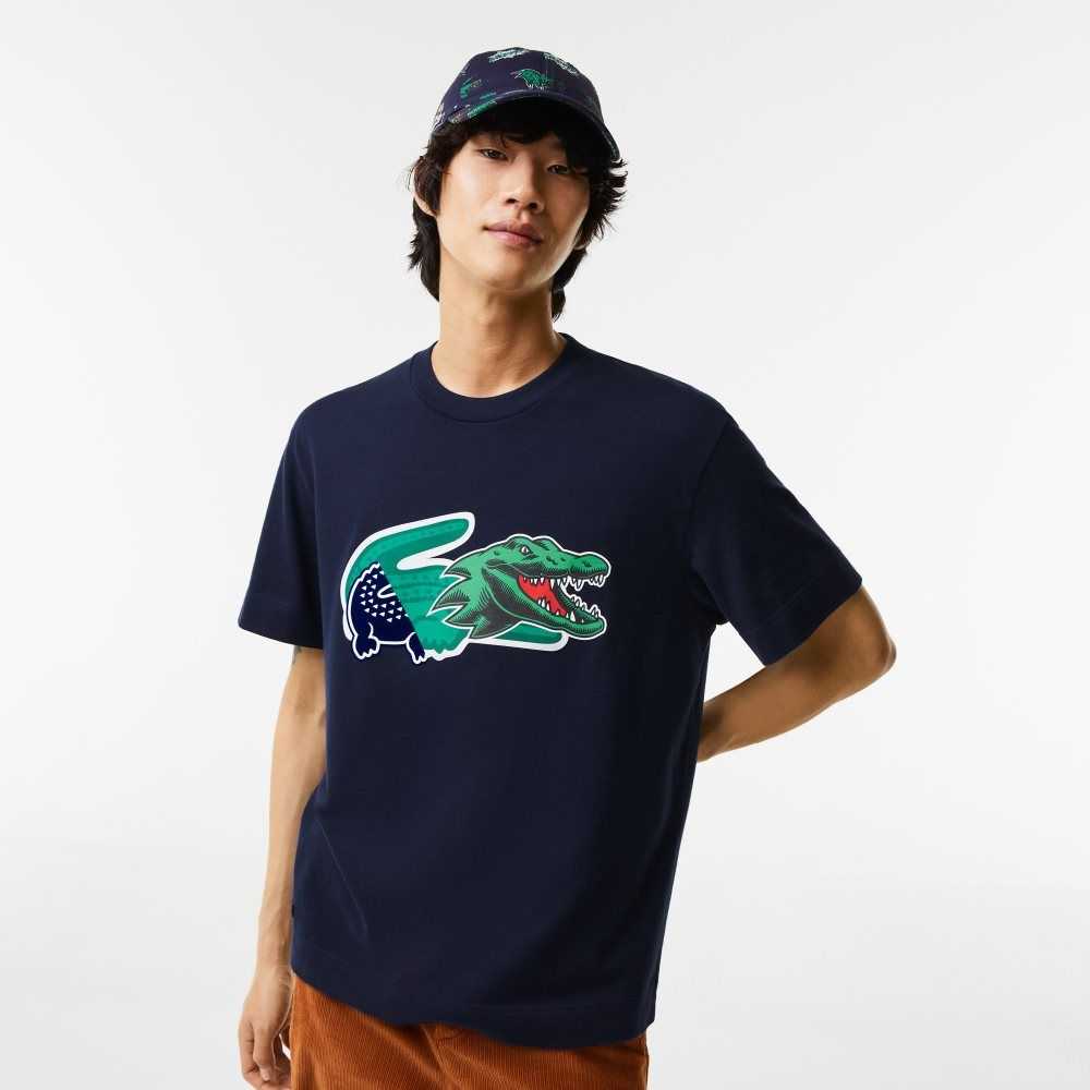 Navy Blue Lacoste Relaxed Fit Oversized Crocodile T-Shirt | NTWRAQ-198