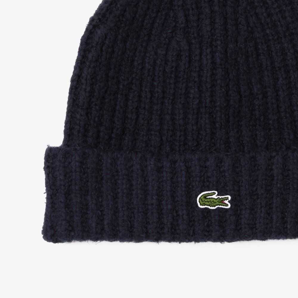 Navy Blue Lacoste Ribbed Knit Beanie | XYHGAO-532