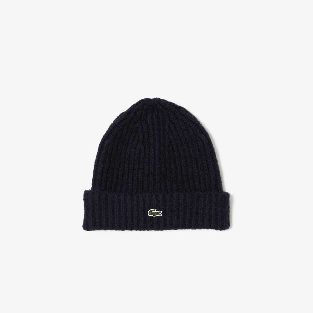 Navy Blue Lacoste Ribbed Knit Beanie | XYHGAO-532