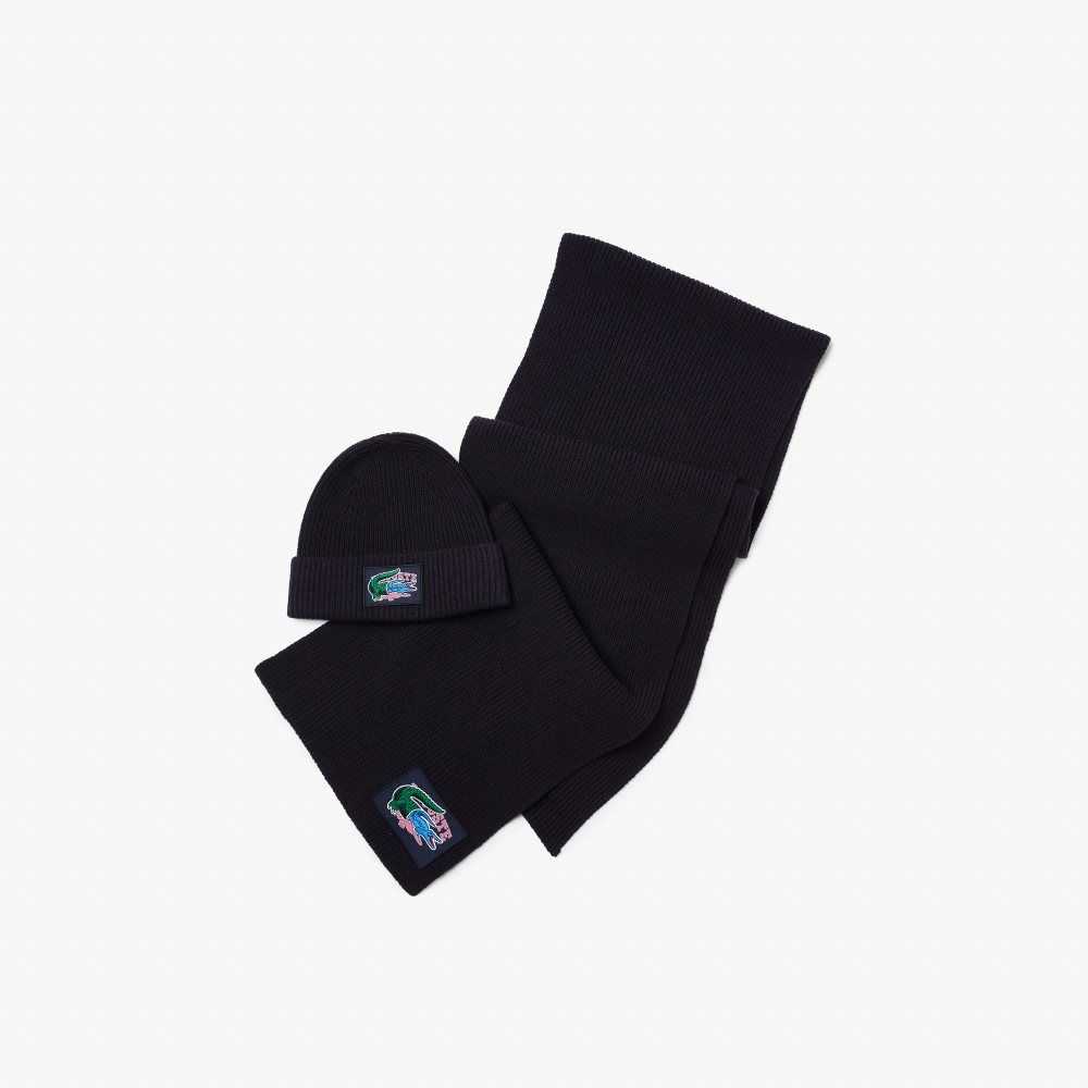 Navy Blue Lacoste Ribbed Wool Beanie And Scarf Gift Set | IONBJF-483