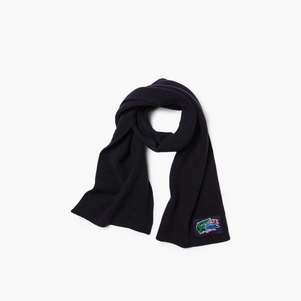 Navy Blue Lacoste Ribbed Wool Beanie And Scarf Gift Set | IONBJF-483