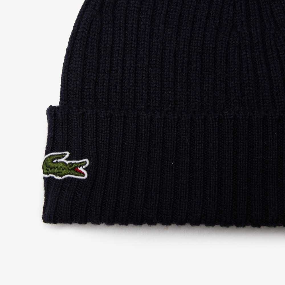 Navy Blue Lacoste Ribbed Wool Beanie | KSPENX-219