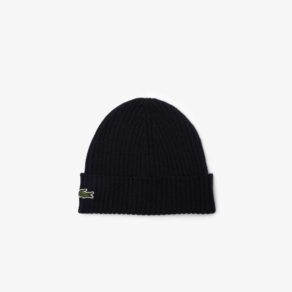 Navy Blue Lacoste Ribbed Wool Beanie | KSPENX-219