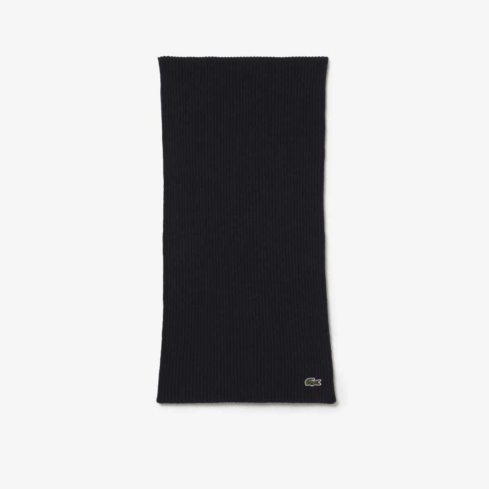 Navy Blue Lacoste Ribbed Wool Scarf | SQVHUW-631