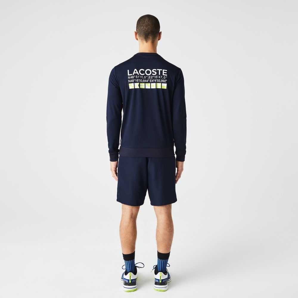 Navy Blue Lacoste SPORT Printed Tennis Sweatshirt | SNFAWX-634