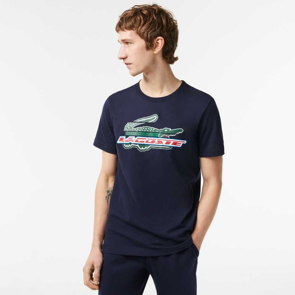 Navy Blue Lacoste SPORT Regular Fit Organic Cotton T-Shirt | XHBSLU-234