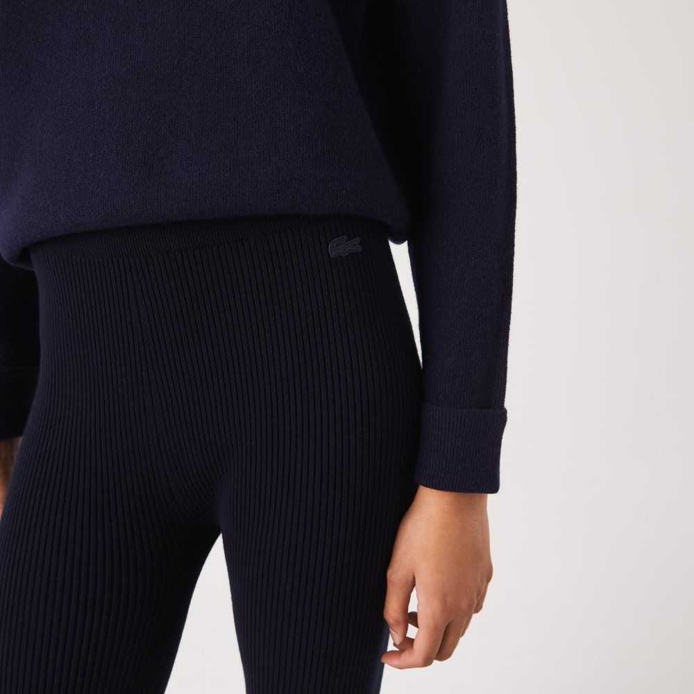 Navy Blue Lacoste Seamless Ribbed Knit Leggings | NYELXM-382