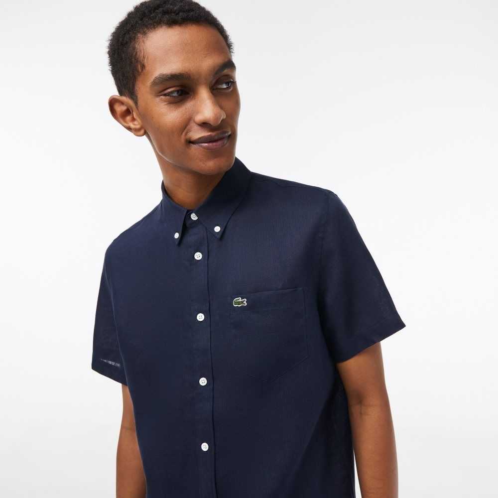 Navy Blue Lacoste Short Sleeve Linen Shirt | IUEHQB-579