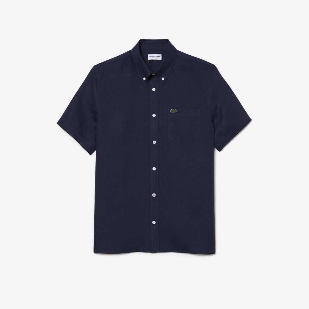 Navy Blue Lacoste Short Sleeve Linen Shirt | IUEHQB-579