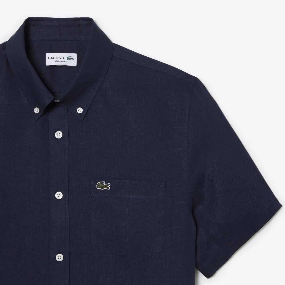 Navy Blue Lacoste Short Sleeve Linen Shirt | IUEHQB-579