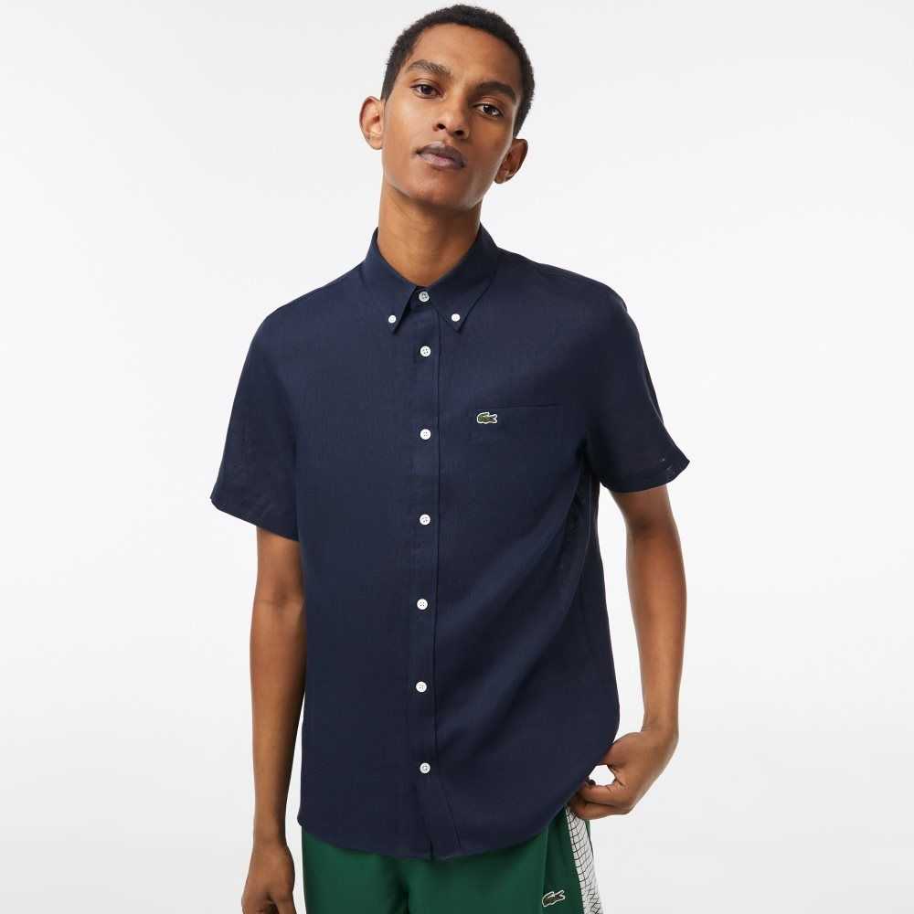 Navy Blue Lacoste Short Sleeve Linen Shirt | IUEHQB-579