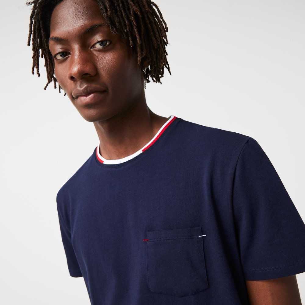 Navy Blue Lacoste Short Sleeve Three-Tone Crew Neck Pajama T-Shirt | KFVTAC-981