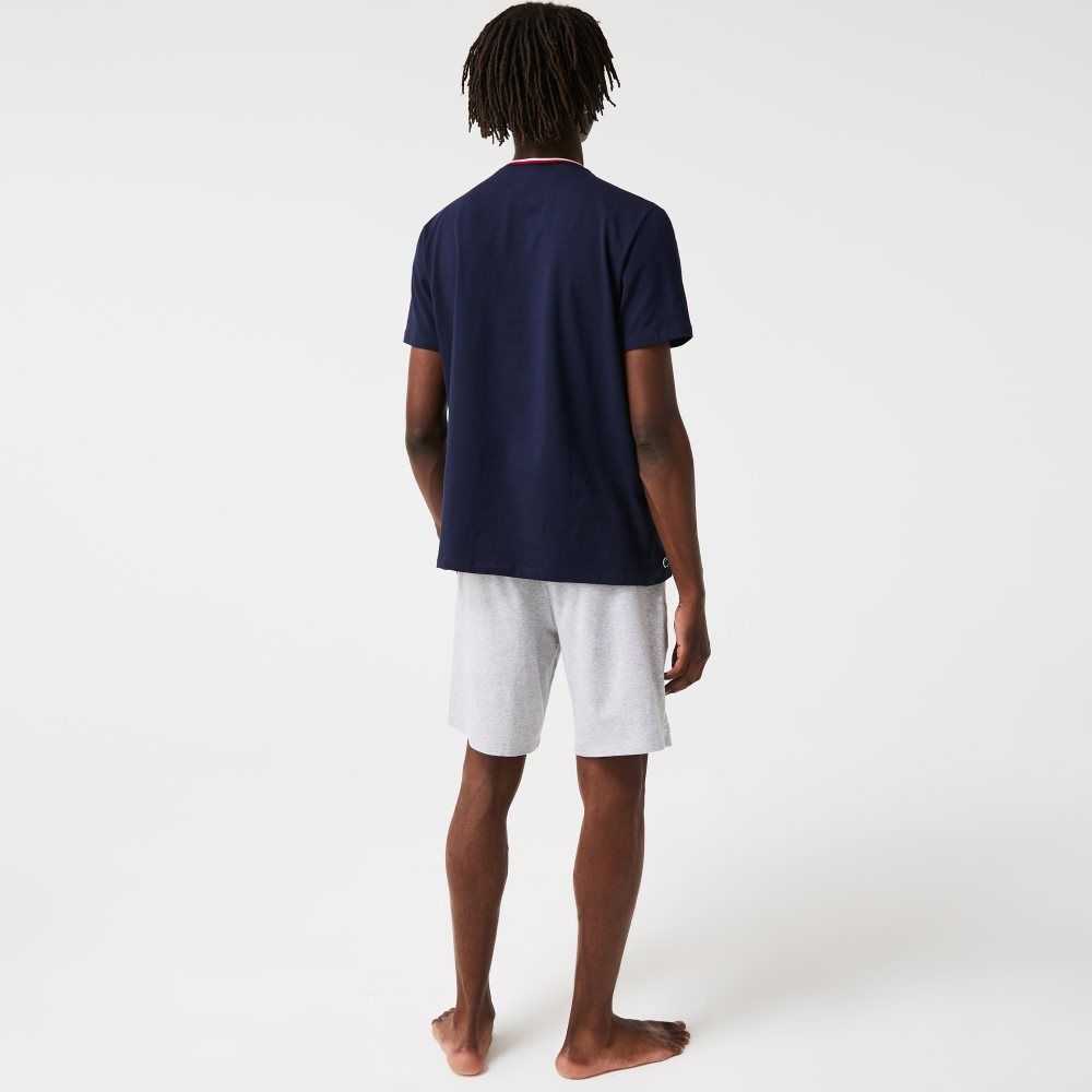 Navy Blue Lacoste Short Sleeve Three-Tone Crew Neck Pajama T-Shirt | KFVTAC-981