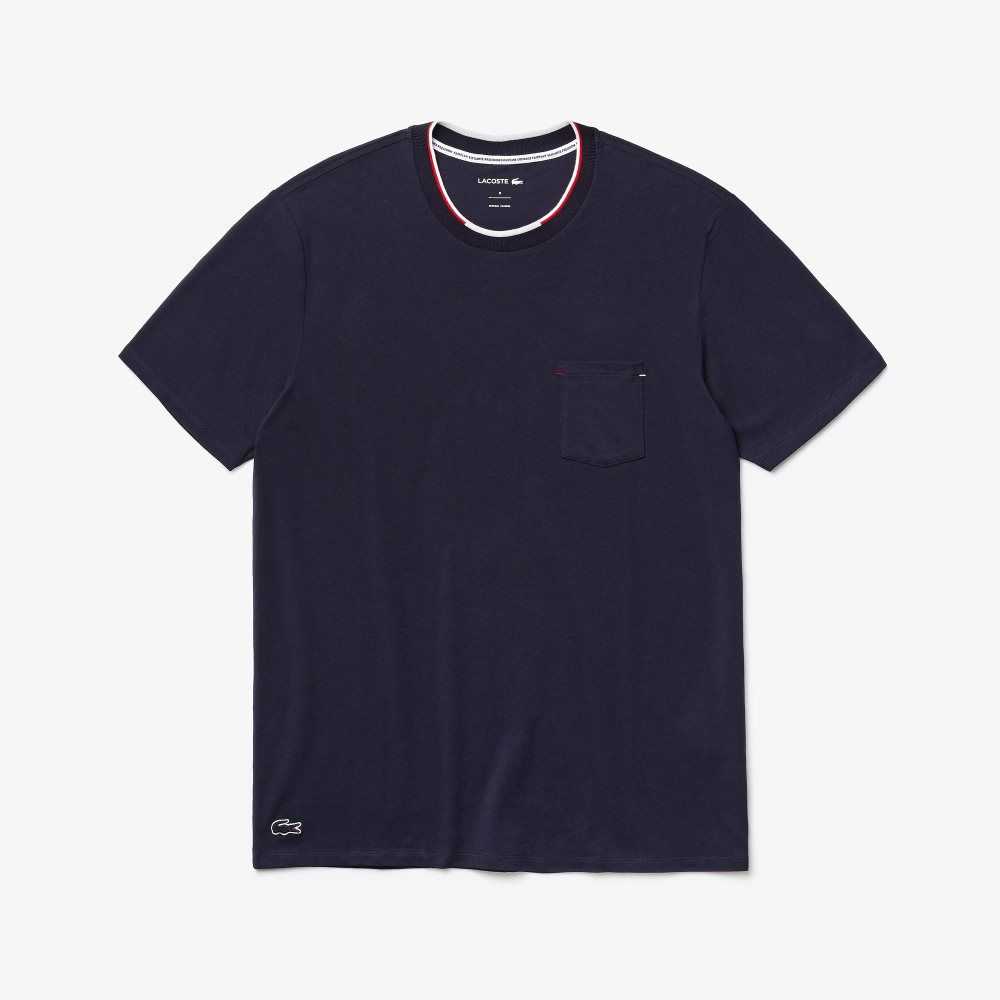 Navy Blue Lacoste Short Sleeve Three-Tone Crew Neck Pajama T-Shirt | KFVTAC-981