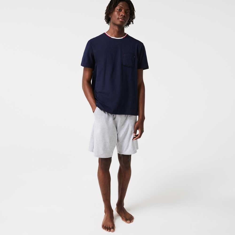 Navy Blue Lacoste Short Sleeve Three-Tone Crew Neck Pajama T-Shirt | KFVTAC-981