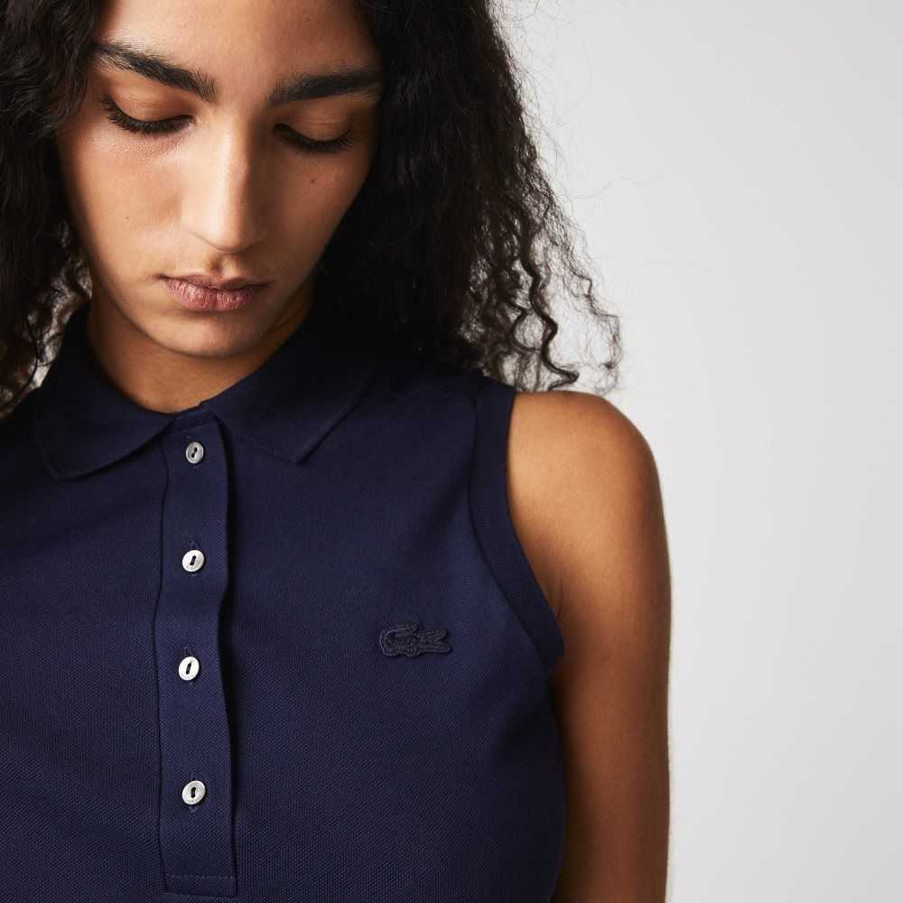 Navy Blue Lacoste Slim Fit Sleeveless Cotton Pique Polo Shirt | HAGTJQ-306